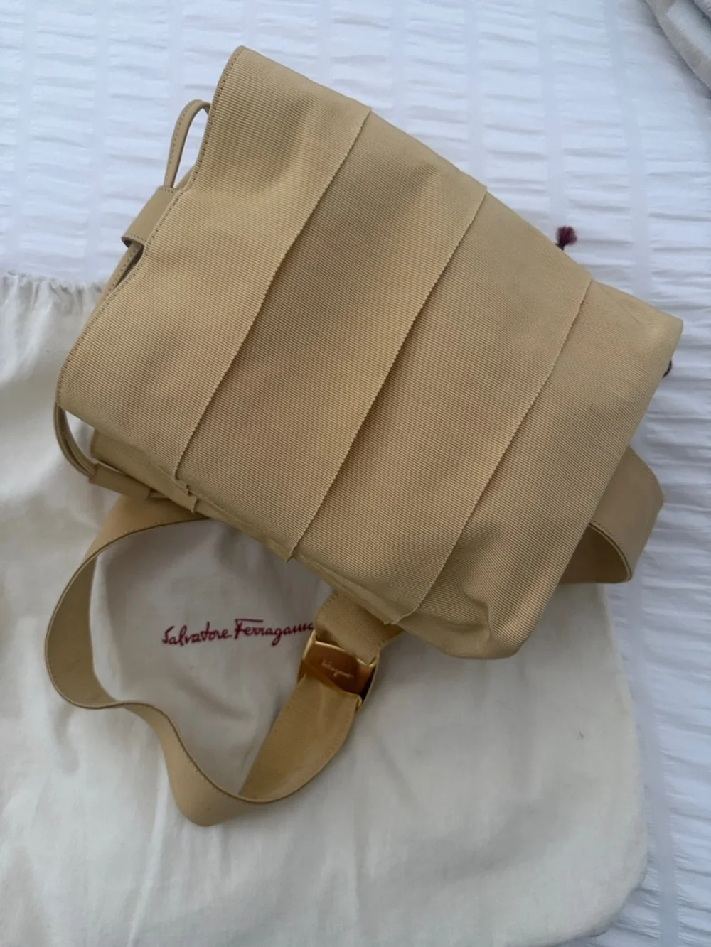 Salvatore Ferragamo Tan Canvas Shoulder Bag with Gold Buckle - Picture 2 of 6